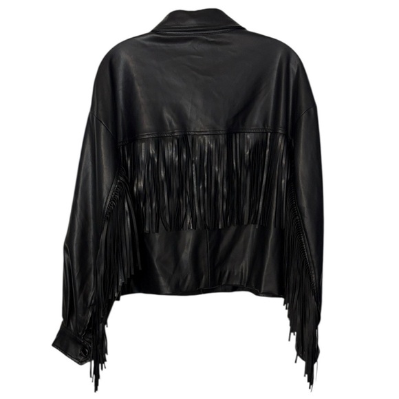 Zara Cropped Fringe Vegan Leather Jacker Black L Festival Western Rodeo Style - Picture 1 of 7